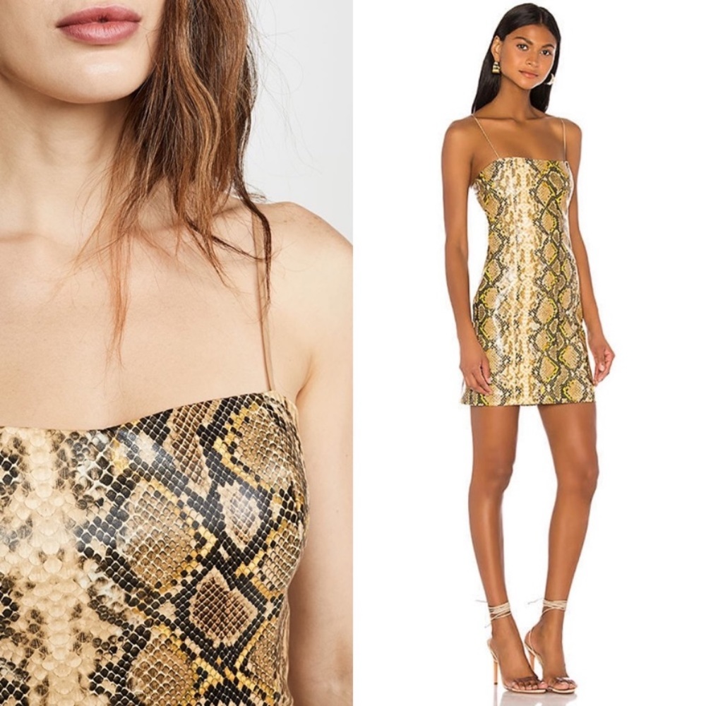 LIKELY Haylet Python Printed Faux Leather Mini Dress In Gold Size 6
